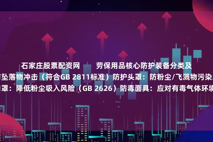 石家庄股票配资网        劳保用品核心防护装备分类及功能一、头部防护安全帽：防坠落物冲击（符合GB 2811标准）防护头罩：防粉尘/飞溅物污染二、呼吸防护颗粒物防护口罩：降低粉尘吸入风险（GB 2626）防毒面具：应对有毒气体环境（搭配指定滤毒罐）自给式呼吸器：缺氧环境紧急救援装备三、眼面部防护焊接护目镜：防御强光辐射与火花灼伤防冲击护目镜：防高速粒子冲击（EN 166认证）四、手部防护隔热